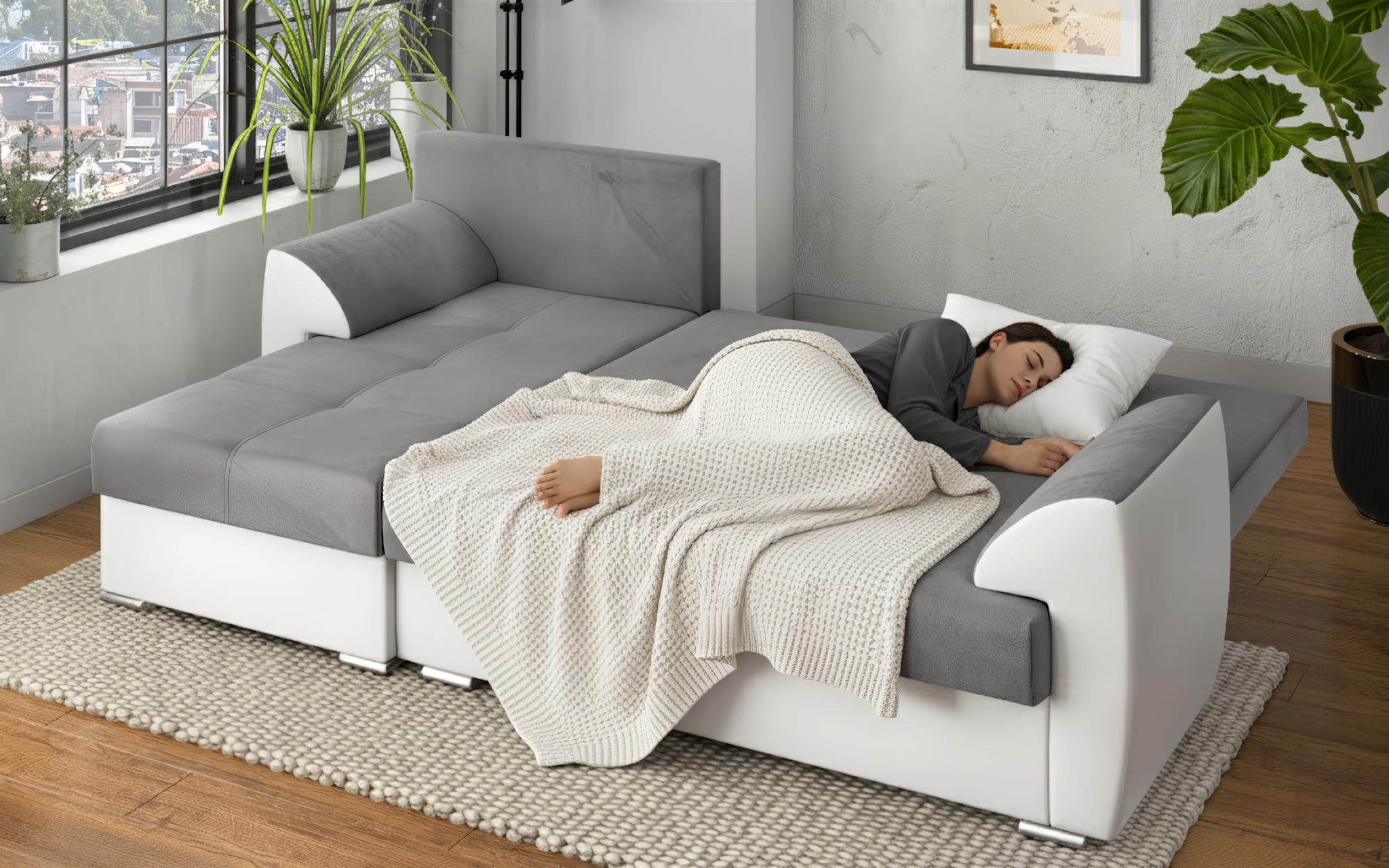 Coltar extensibil Deman, gri + piele alba  7